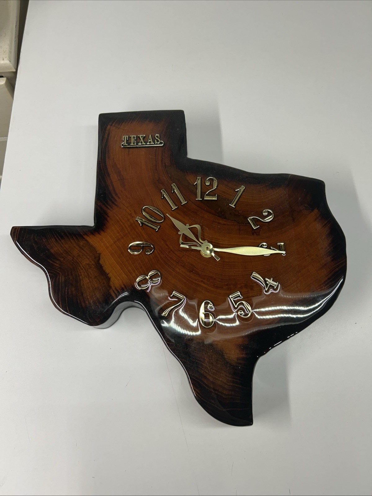 VTG Handmade Solid Wood Texas Shaped Wall Hanging Clock Gold Tone Trim
