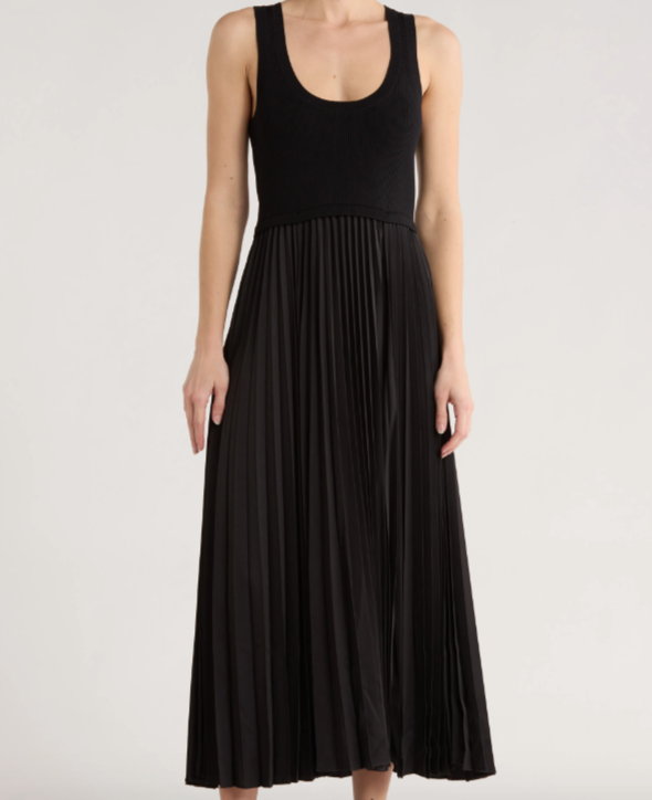 NEW, Cinq A Sept Parma Pleated Midi Dress in Black Sz L #LD0284