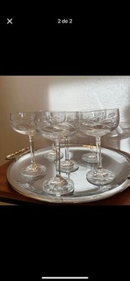 Set -6 Elegant Cut Crystal High Stems Floral Pattern Champagne Glasses 50s Vtg.