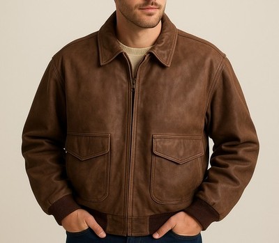 VTG GIII Global Identity Leather Bomber Jacket Men s Med Map Lined Aviator Soft