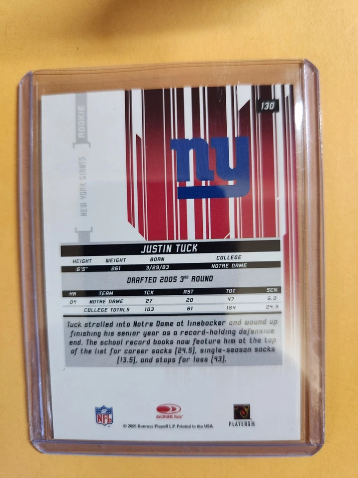 2005 Leaf Rookies & Stars Longevity Rookie Emerald /99 Justin Tuck #130 RC - Image 2 of 2