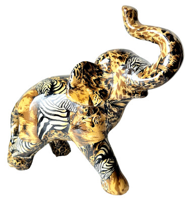 La Vie Safari Pattern Elephant with Trunk Up Figurine 8'' Tall x 9'' Long