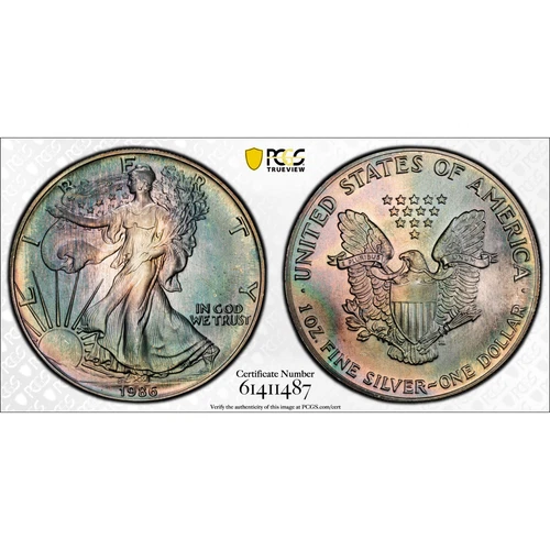 1986 $1 American Silver Eagle PCGS MS68 - Pretty Dual Sided Toning