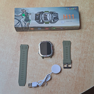 LAXASFIT H11 Smartwatch 50 mm silbernes Gehäuse, grünes Silikonband, Android