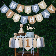 First Birthday Decorations for Boy Felt Khaki Blue Happy Birthday High Chair Ban