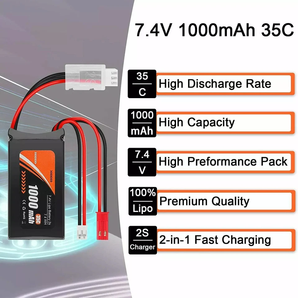 2x 7.4V 1000mAh 35C Lipo Battery for SCX24 90081 C10 1/24 w/ PH2.0 & JST Plug - Image 3 of 4