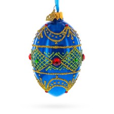 Jeweled Red on Blue Glass Egg Ornament 4 Inches