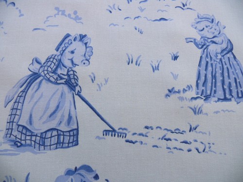 BTY SCALAMANDRE LIFE ON TOP OF CRANBERRY HILL BLUE ANIMAL CAT FROG TOILE - Picture 3 of 12