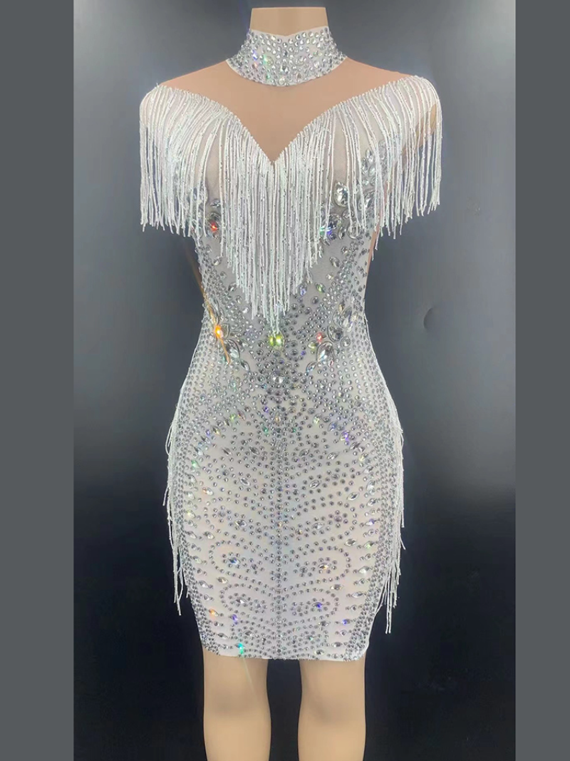 Women Rhinestone Bodycon Fringe Short Dress Dancer Singer Stage