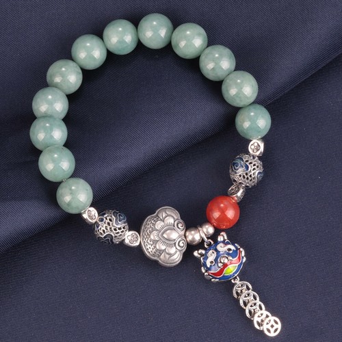 A22 Bracciale Con Perle Di Verde Giada Argento 925 Fiori Löwenmaske
