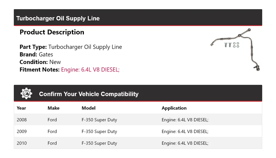 Para 2008-2010 Ford F-350 Super Duty turbocompressor linha de fornecimento de óleo portões 2009 - Imagem 2 de 3