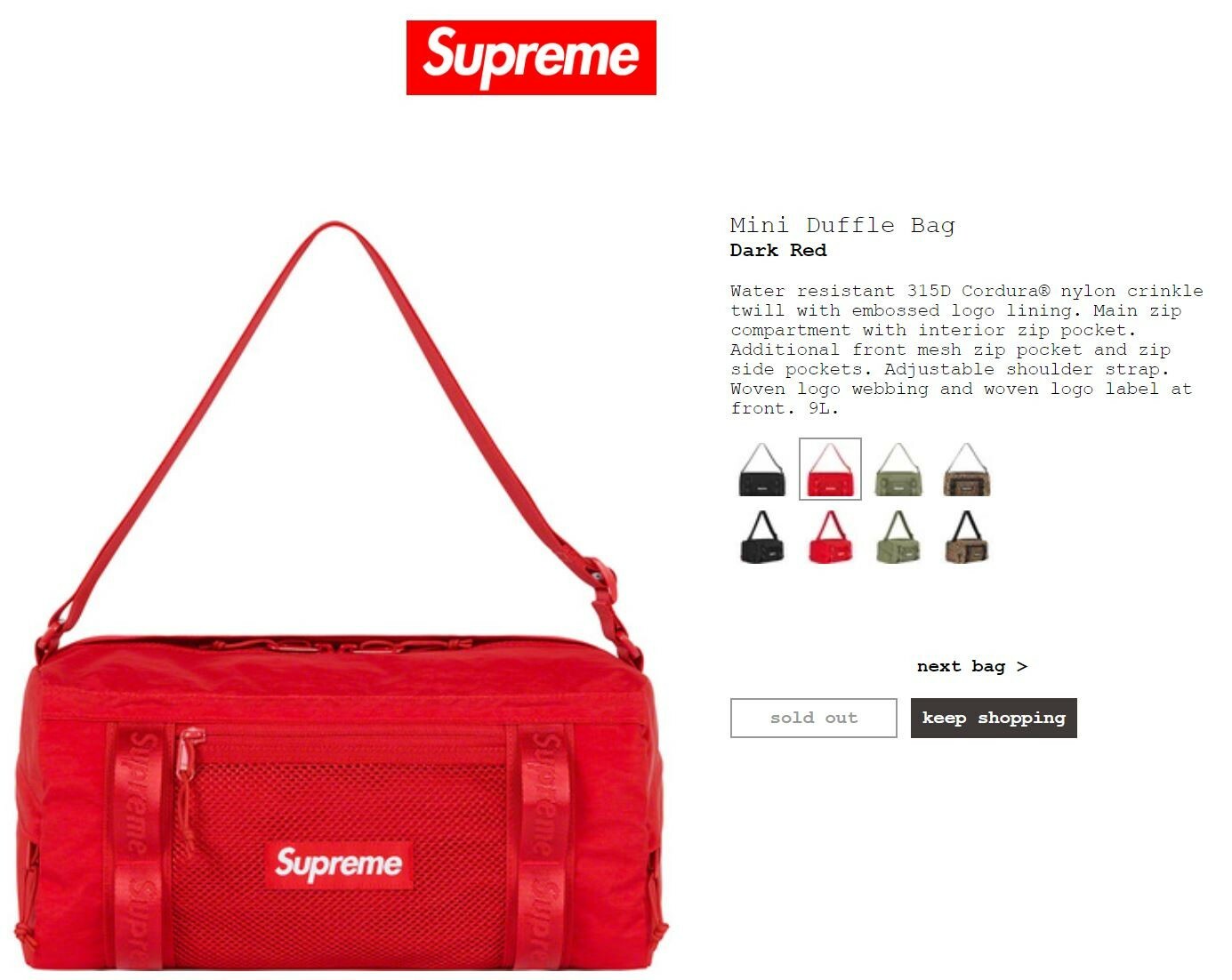 カテゴリ Supreme Supreme Mini Duffle Bag 9Lの通販 by gang s shop｜シュプリームならラクマ サイズ