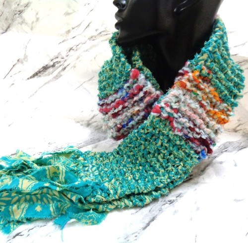 Knitted Scarf Handmade Wool and Recycled Fabric Boho Style Ladies Gift for Her - Picture 4 of 17