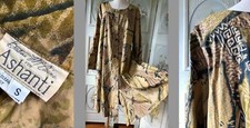 VTG BARBARA McCAINE ASHANTI COTTON DRESS SLEEVE TAN BROWN BLACK TIKI PRINT S EUC