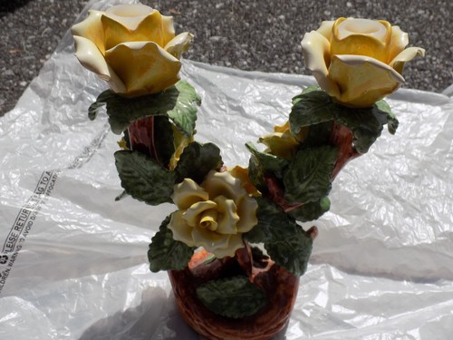 Vtg Capodimonte Double Candle V Holders Ornate Yellow roses Green Leaves Italy - Picture 9 of 16