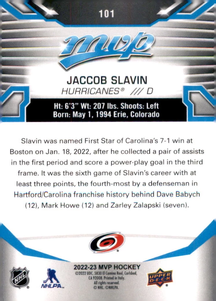 2022-23 Upper Deck MVP #101 Jaccob Slavin - Image 2 of 2