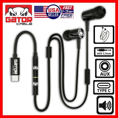 USB-C Type C Connector Earphones Headphones Earbuds Bass Stereo MIC Wired AUX BL