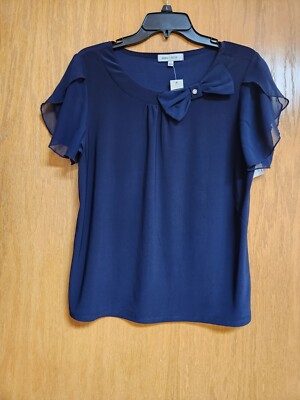Navy Blue Petal Sheer Short Sleeve Top. NWT. Large. By Emma & Olive. Cute.
