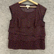 Loft Blouse Women L Large Black Geometric Ruffle Sleeveless Wide Strap Casual