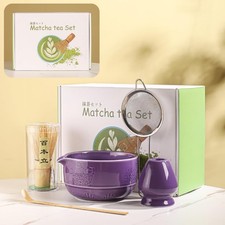 Traditional Matcha Tea Set with Bamboo Whisk, Purple Ceramic Bowl and Stand, ...