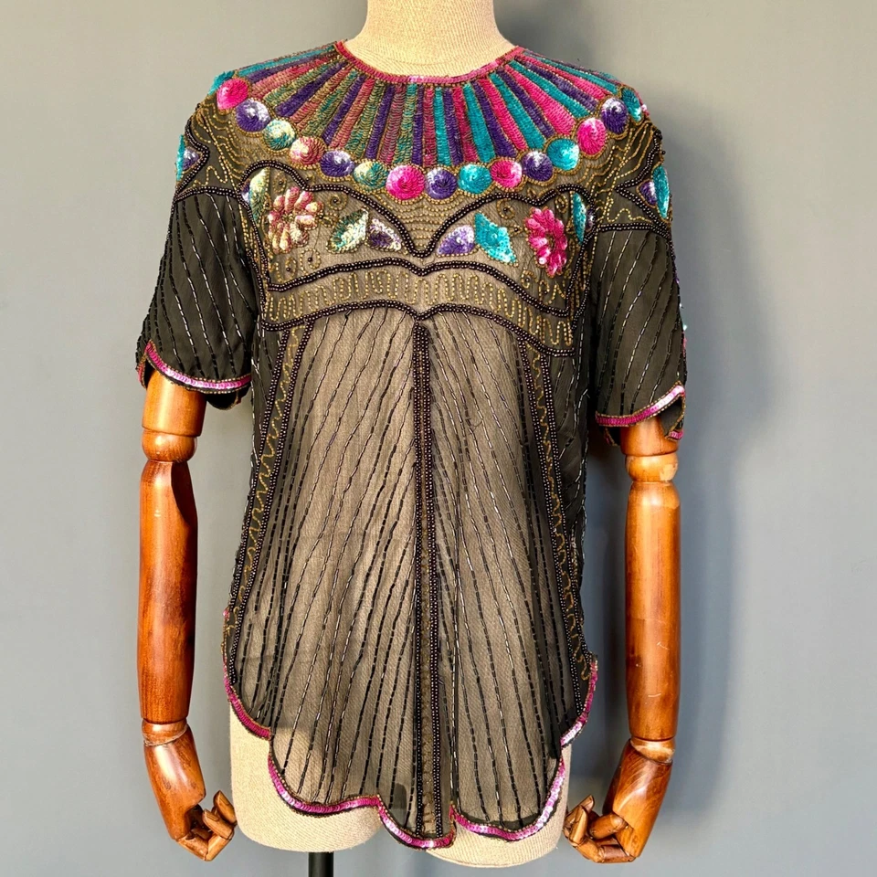 Блузка Leslie Fay Evenings с блестками и бисером | средний размер | винтаж 1980-х 100% шелк - Изображение 2 из 4