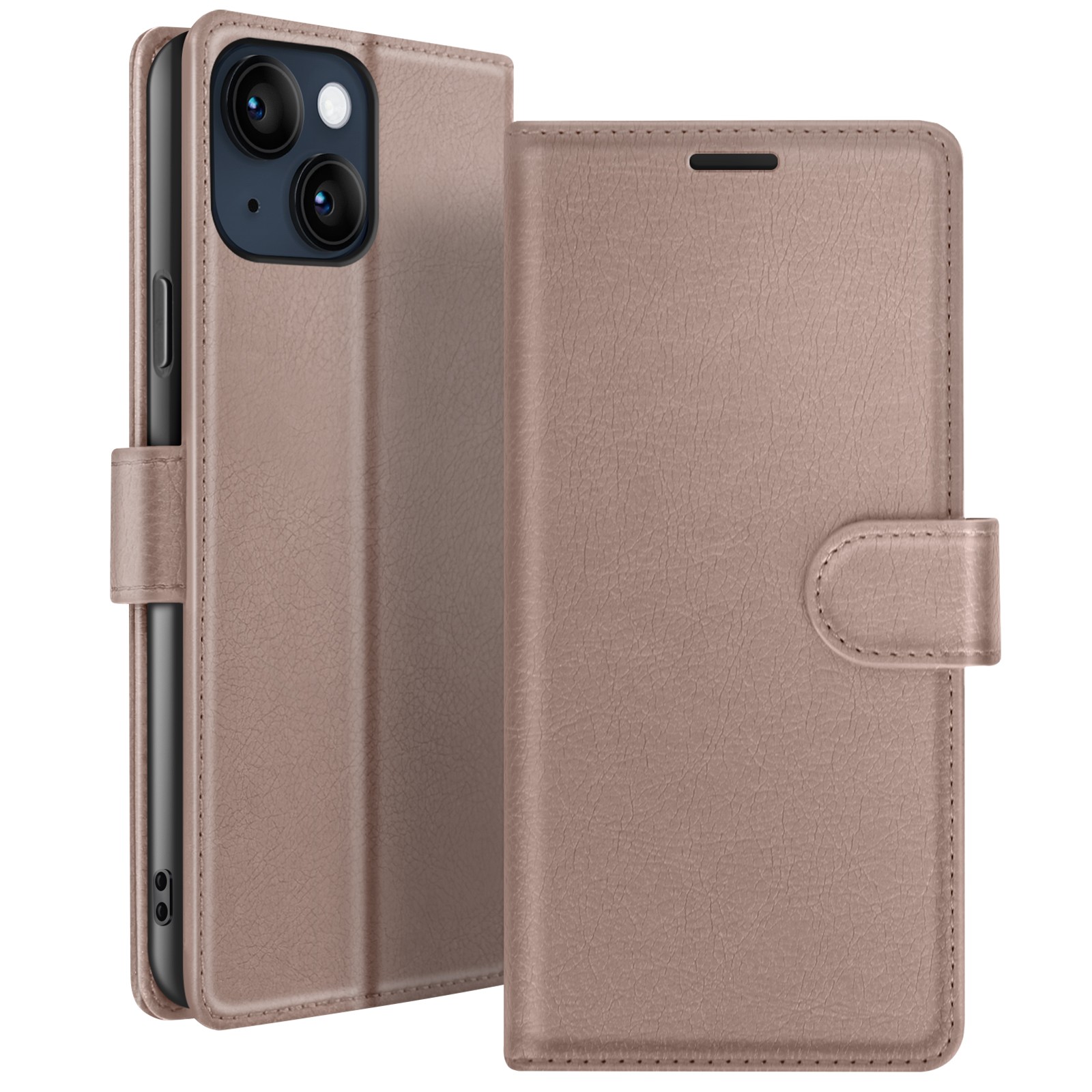 Étui portefeuille iPhone 14 Zanaé taupe avec support vidéo et languette magnétique