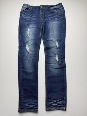 Minerva Jeans Juniors 15 Blue Medium Wash Skinny Distressed Rhinestone Stretch