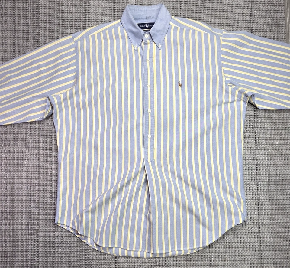 Vtg 90s Ralph Lauren Polo Popover Oxford Long Sleeve Shirt M Blue Stripe Rare - Image 4 of 4