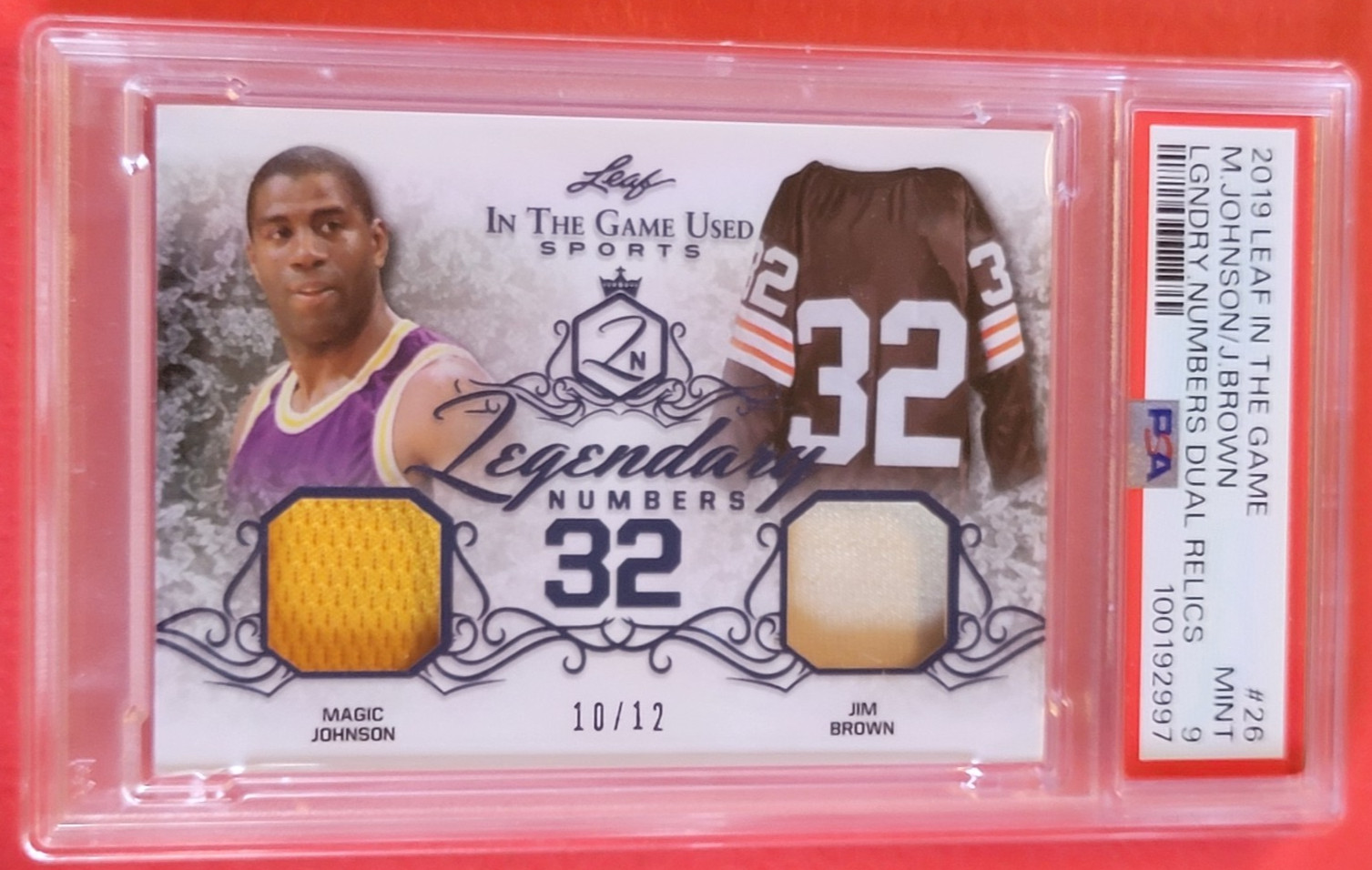 Jim Brown GAME USED JERSEY CARD #d10/12 PSA MINT 9 Magic Johnson 2019 LEAF #32