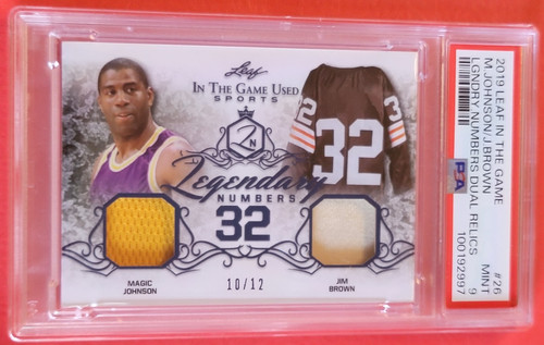 Jim Brown GAME USED JERSEY CARD #d10/12 PSA MINT 9 Magic Johnson 2019 LEAF #32