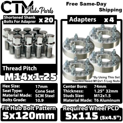 4x 1.25'' Thick 5x120 to 5x115 (5x4.5'') Wheel Spacer Adapter +Bolt Fit BMW Models