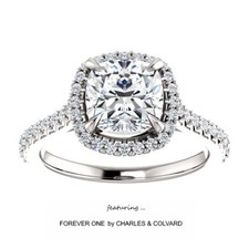 2.20 Carat Cushion Moissanite (ForeverOne DEF) Halo Style Ring in 14K Gold