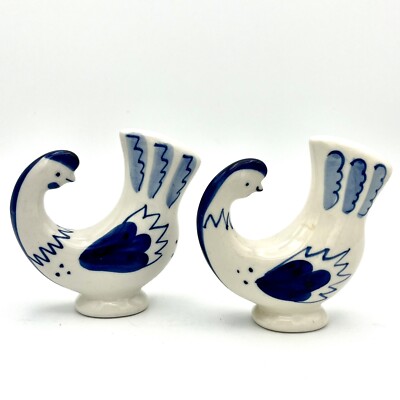 Vntg Gzhel Handpainted Russian Porcelain Chickens Blue White Signed CUTE
