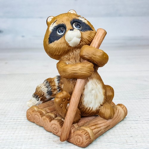 Vintage 1984 Enesco Kathy Wise Raccoon on Log Raft 3.5" Porcelain Figurine