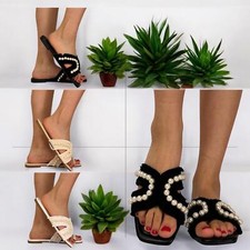 WOMENS LADIES SUMMER LIGHT WEIGHT SLIP ON SLIDERS WITH BEADS AND FURR