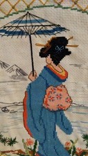 Vintage Japanese Geisha w/ Umbrella Needlepoint Finished Embroidery 12X16"