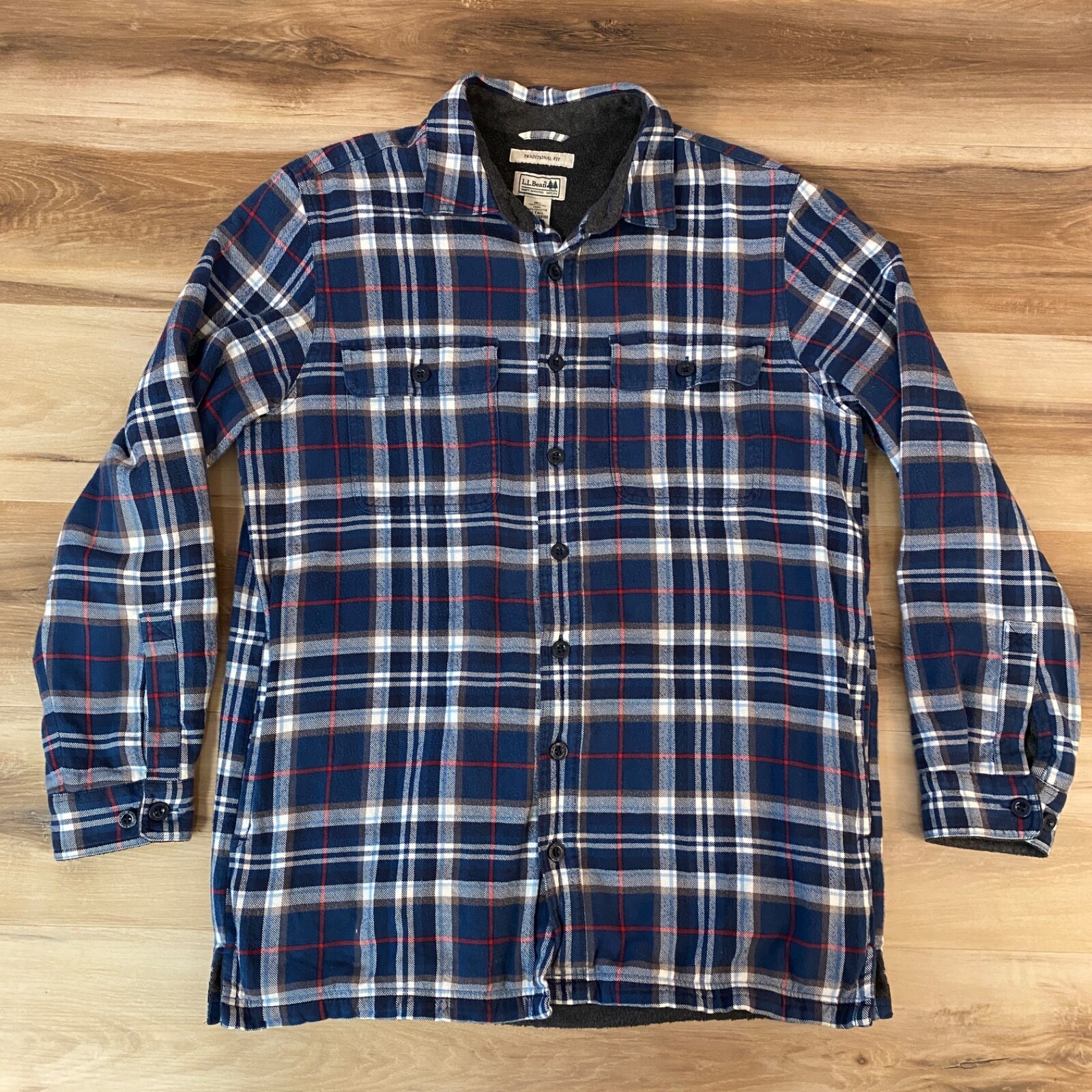 LL Bean Mens Medium Tall Blue Plaid Fleece Lined Flannel Shirt Jacket 298190