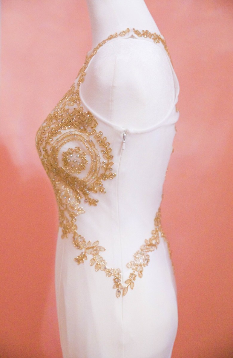 white and gold prom dress mermaid Elegant Mermaid White Nude Pearls Evening Dress SS706 – DreamyVow