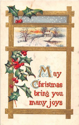 Holly by Snowy Home Scene on Old Christmas Motto PC-May Christmas Bring You Many