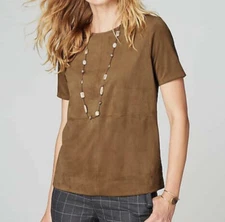 J Jill Faux Suede Crewneck Top Womens XS Acorn Brown Short Sleeves Stretch