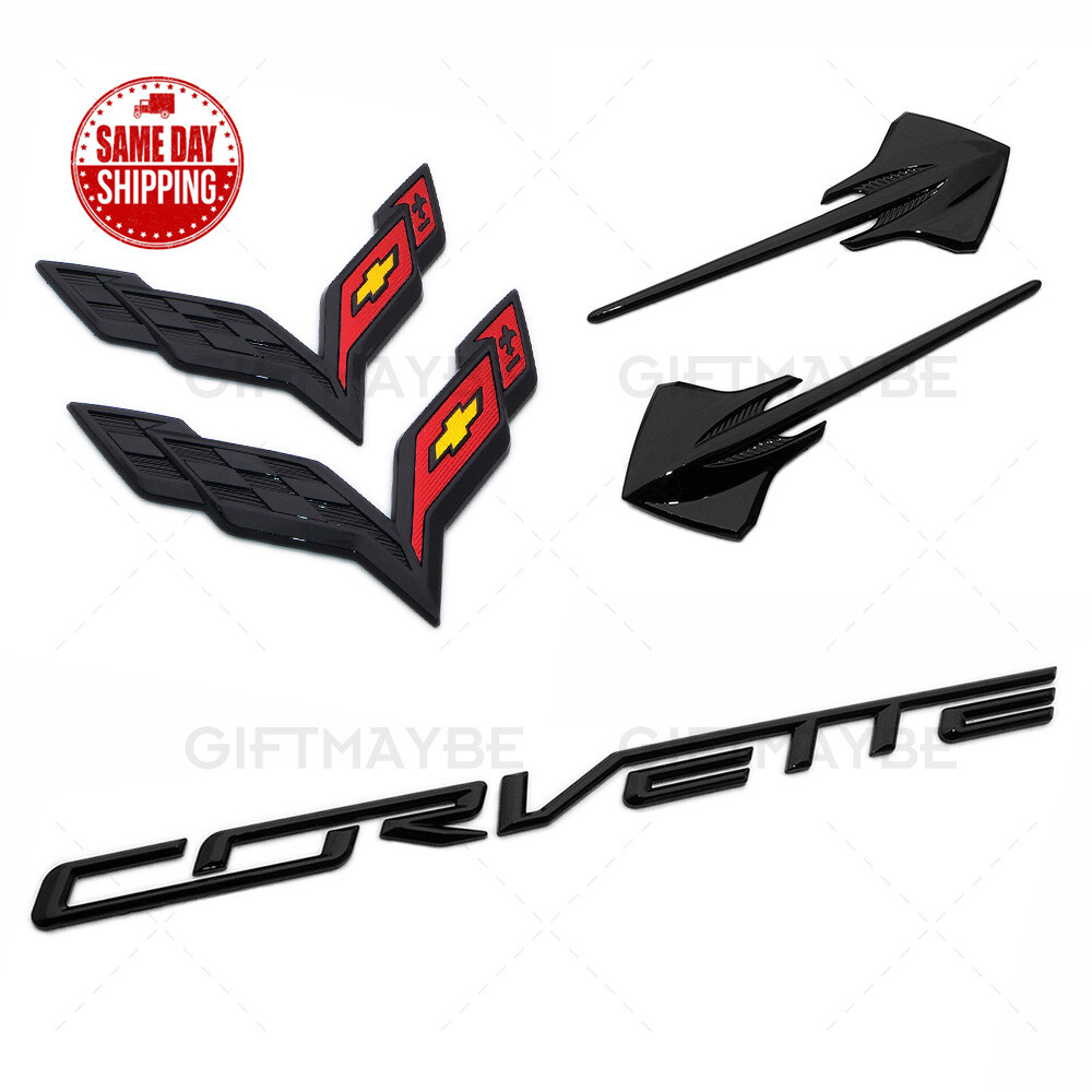 14-19 Corvette C7 Gloss Black Front Rear Fender Set Letter Badge Emblem Sport