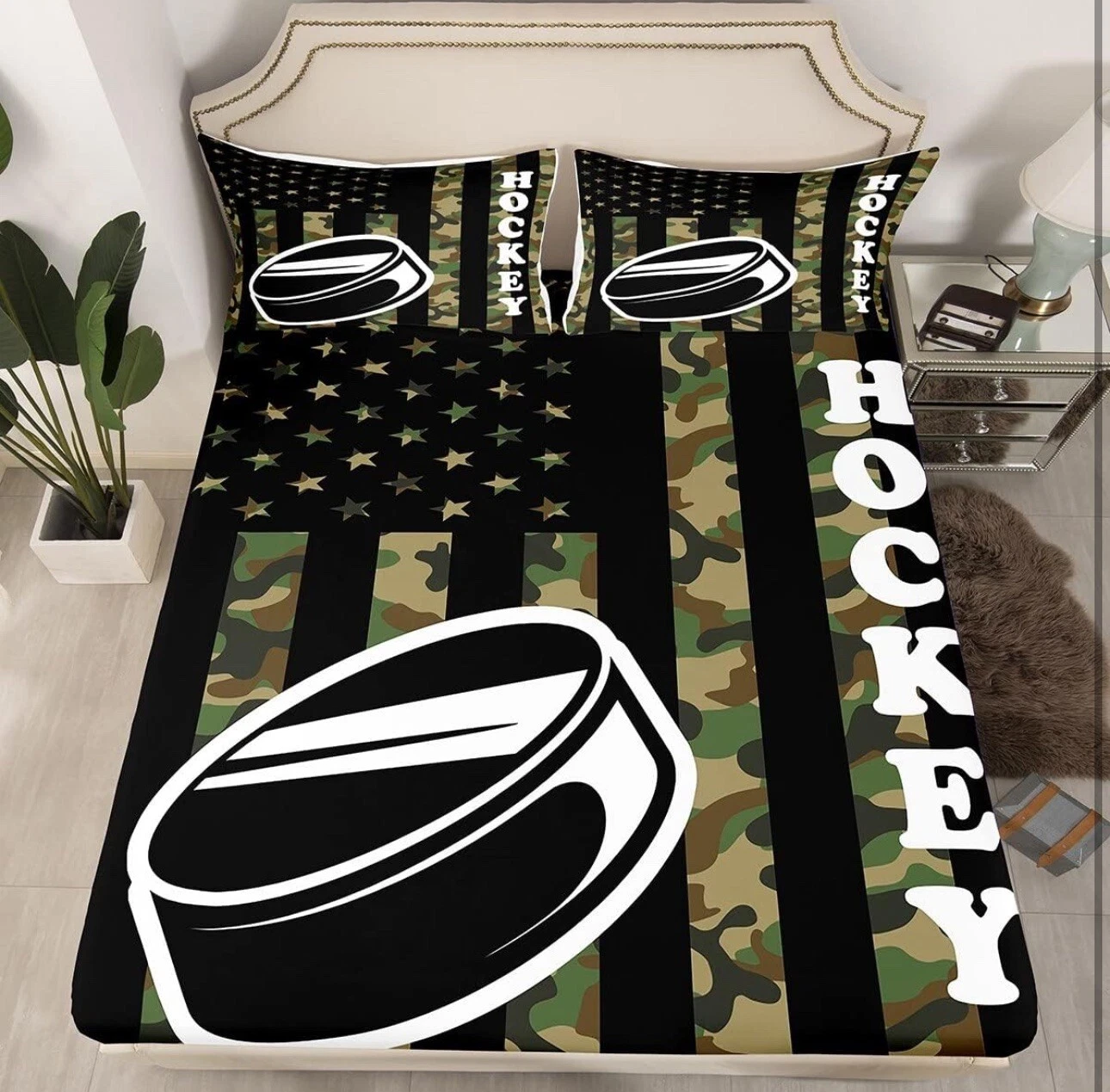 Ice Hockey Full Size Bedding Sheet Set Camouflage Puck Design Pillow Cases
