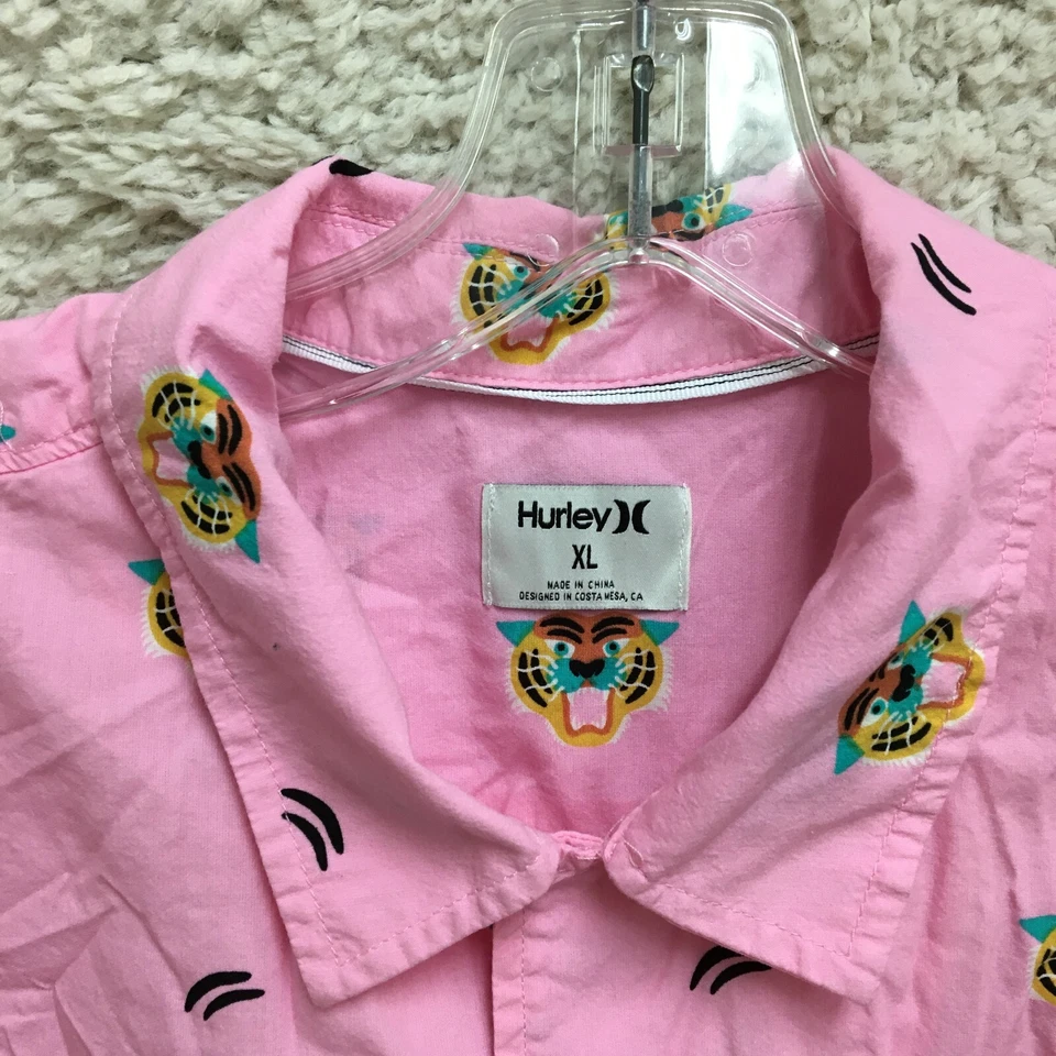 Camisa Hurley Abotonada Extra Grande Adulto Rosa Florido Tejido Tigre Bolsillo Hombres XL Foto 4 de 4