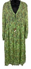 Zara Floral Green Long Sleeve Dress Bead Shell Tassel V-Neck Shift Medium New