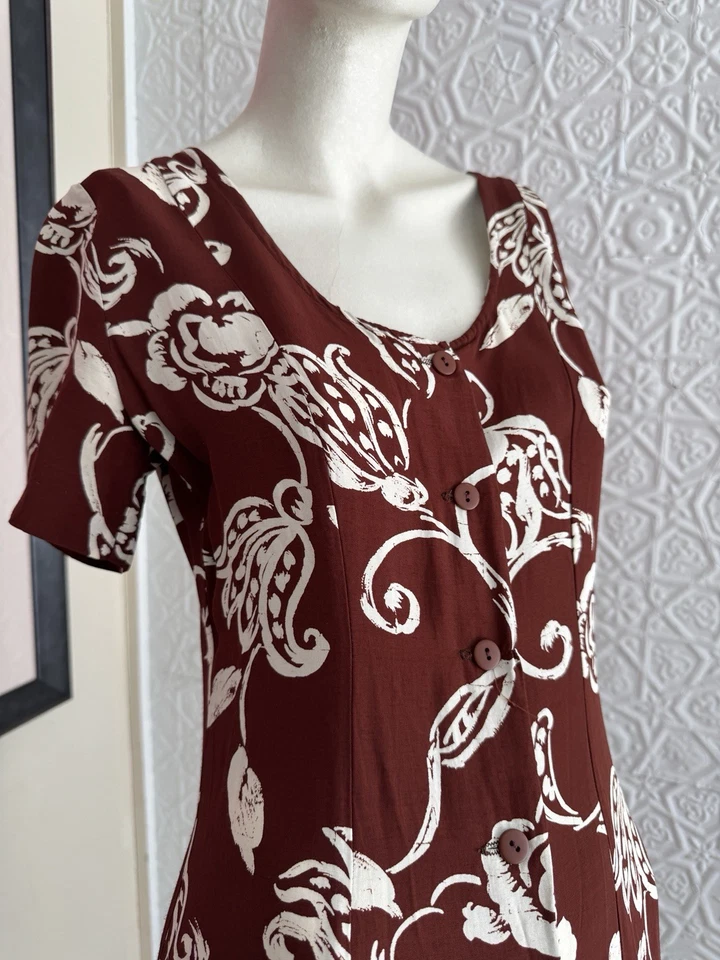 Vintage 1990s Era Floral Print Dress Brown-Maroon-Hawaiian Foliage-Medium-Maxi - Image 4 of 4