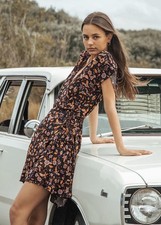 Ghanda Soho Wrap Floral Mini Boho Summer Short Sleeve Dress AU XS US 6