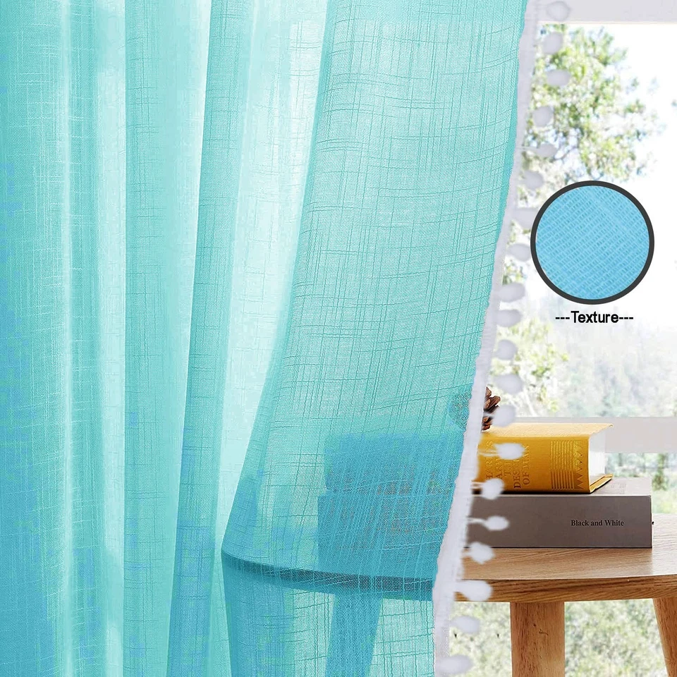 Window Curtains 9 Feet Solid Living Room Office Bedroom Pom Pom Curtain 2-Piece - Image 3 of 4