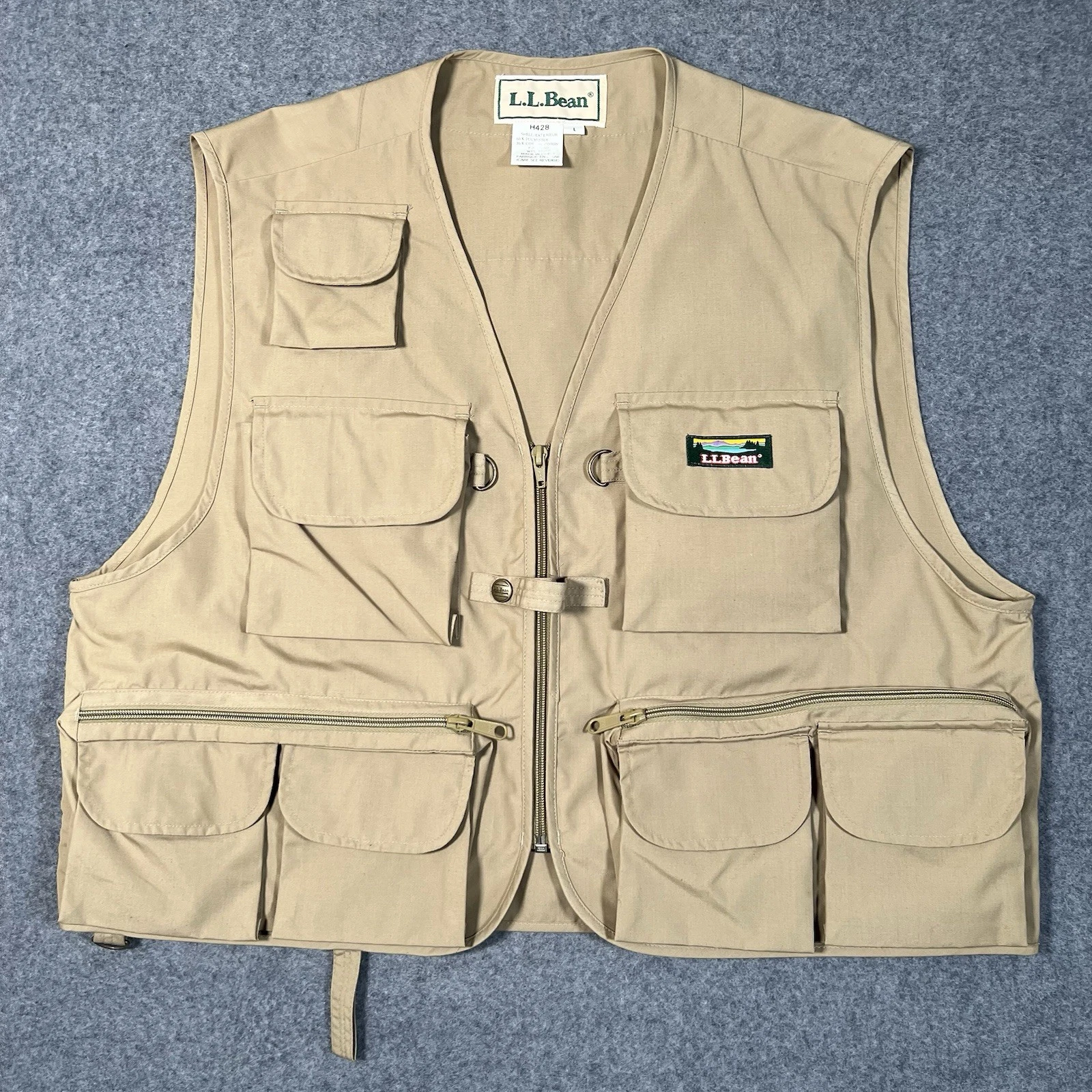 L.L. Bean Fly Fishing Vest Mens Large Khaki Multi Pocket Safari Hiking Zip