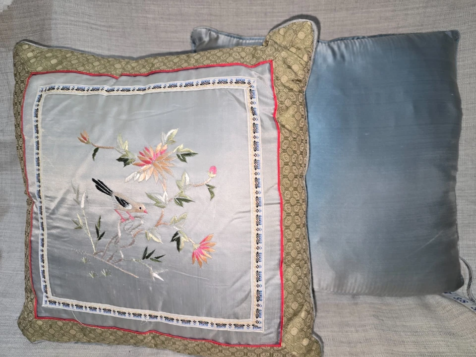 Antique Style Chinese Embroidered Silk Cushions x 2  Floral Birds  - 13 inches - Image 4 of 4