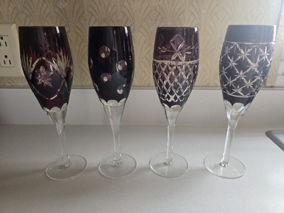 Vintage Bohemian Ruby Red Cut To Clear Glass Crystal Champagne/Wine Glasses, ...